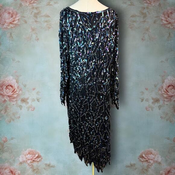 Vintage Saint Honore 100% Silk Beaded & Sequin Jagged Edge Midi Shift Dress - Picture 8 of 10